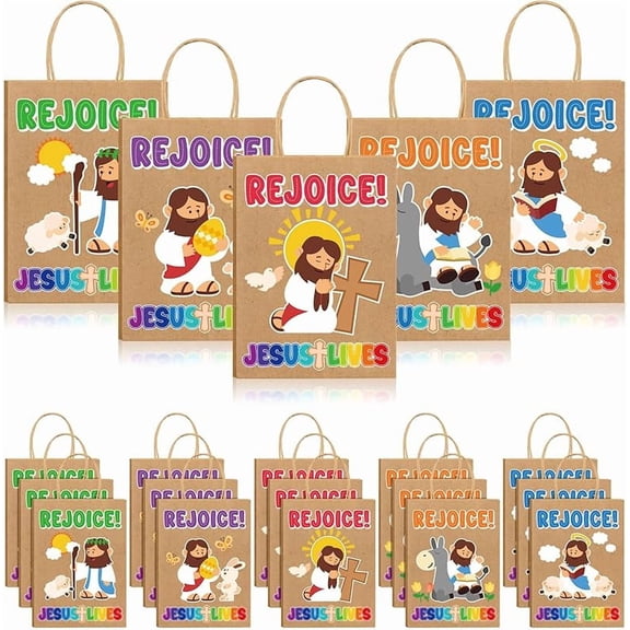 20 Pcs Easter Religious Gift Bags Bulk Christian Kraft Paper Rejoice Goody Bags with Handles Eggs Hunt Easter Theme Bible Sunday School Party Favor
