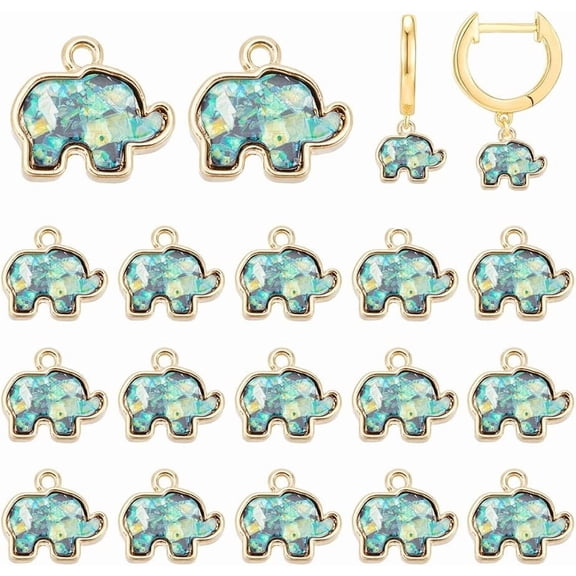 20 Pcs Elephant Chrms Green Opaque Resin Animal Shape Charms with Light Gold Alloy Loops Imitation Shell Elephant Dangle Pendants