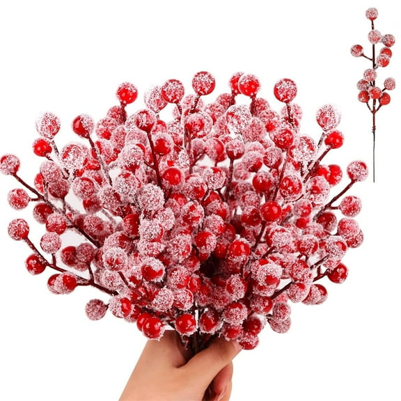 20 Pcs Fake Berry Picks Snow Sprays for Christmas 8" Artificial Holly Red Berries Branches Winter Snow Tipped Christmas Tree Ornaments for Wedding Holiday Party Home Decor By HYG