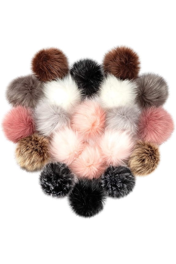 20 Pcs Faux Fur Pom Poms for Hats - 4.5 Inch Fluffy DIY Knitting Hat Pompoms with Elastic Loop, Removable Crochet Crafts Accessories for Shoes Scarves Gloves Bags Keychains (10 Color-Dark)