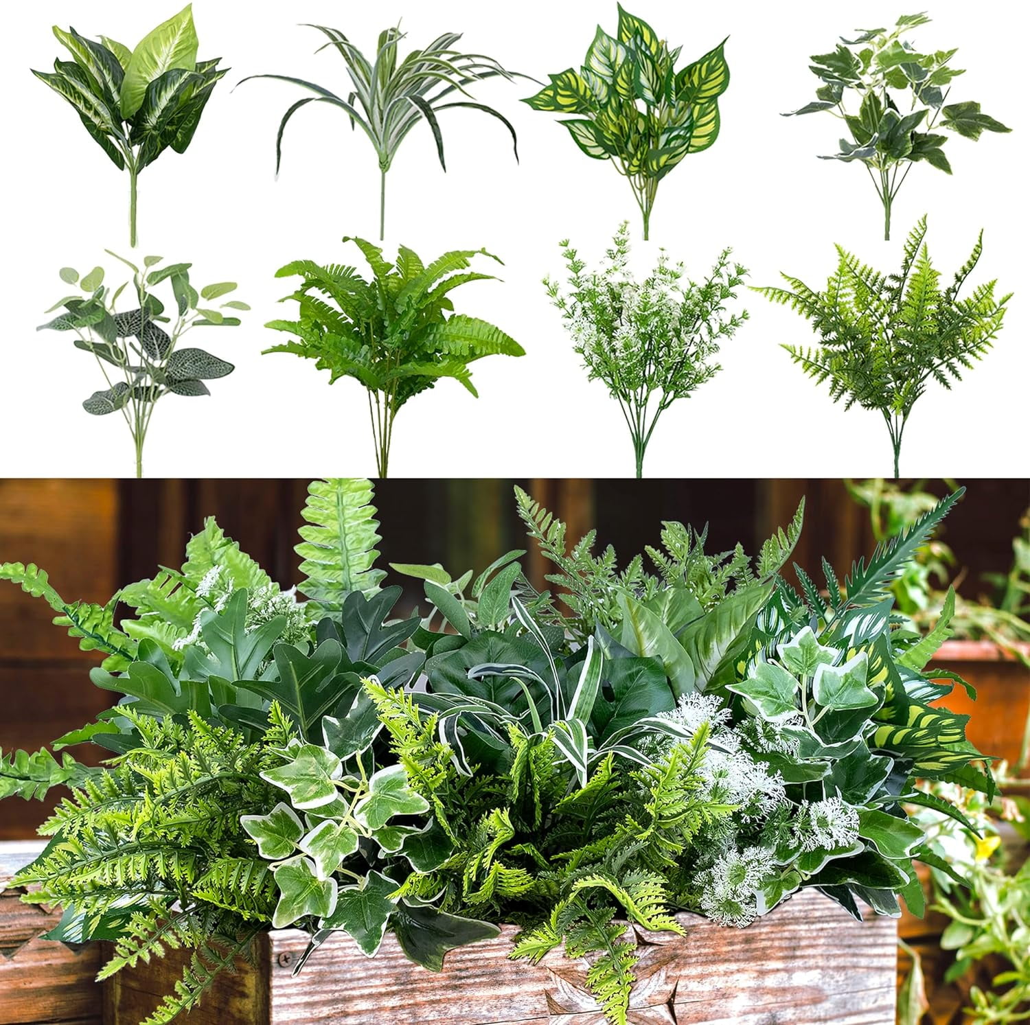 20 Pcs Ferns Artificial Plants Outdoor Fake Boston Fern Bushes Large Bundle Faux Fern Stems UV Resistant Plastic Flowers for Outside Planter Front Porch Garden Ground Greenery Décor