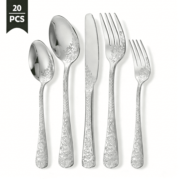 20 Pcs Floral Silverware Set Including Fork Spoon and Knife Stainless Steel Flatware Set Vintage Cutlery Set Mirror Polished Utensil Set for Kitchen Dishwasher Safe Service for 4