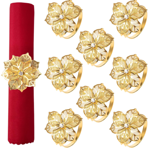 20 Pcs Flower Napkin Rings, Hollow Out Floral Napkin Holder Adornment Exquisite Household Napkins Rings Set Rhinestone Napkin Rings for Wedding Banquet Christmas Table Setting