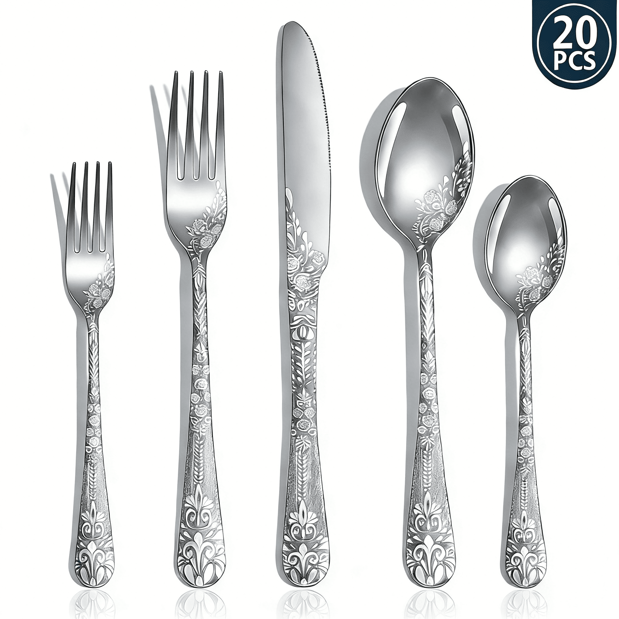 Silverware Pine Tree Pattern 20 Pcs Flower Pattern Silverware Set Stainless Steel Flatware Set ...