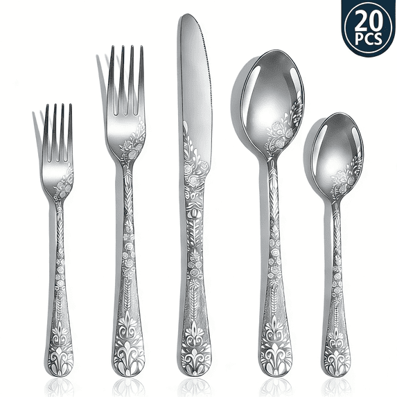 20 Pcs Flower Pattern Silverware Set Stainless Steel Flatware Set Including Fork Spoon and Knife Vintage Cutlery Set Mirror Polished Utensil Set for Kitchen Dishwasher Safe Service for 4