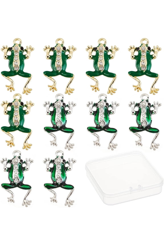 20 Pcs Frog Charms Rhinestone Green Enamel Frog Charm Animal Lucky Micro Pave Golden Silver Frogs Charm Bulk