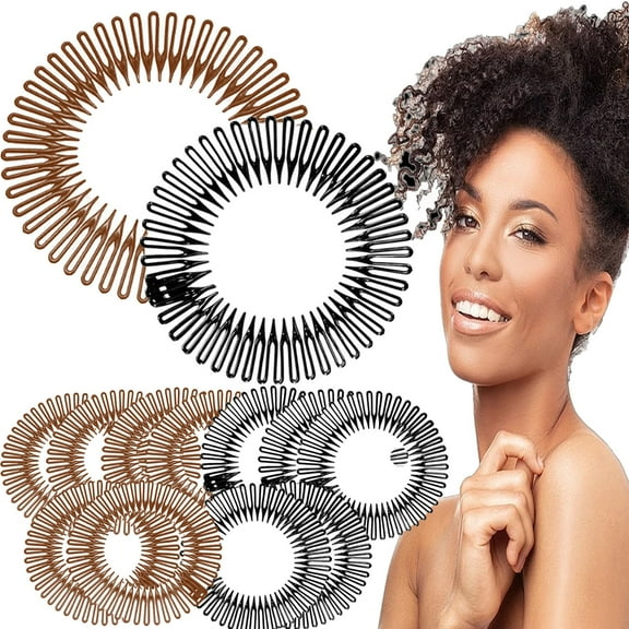 20 Pcs Full Circular Stretch Comb Headbands Flexible Plastic Circle Comb Full Circular Tooth Headband Plastic Hair Wrap Hairband Holder for Women and Girls (Brown+Black)