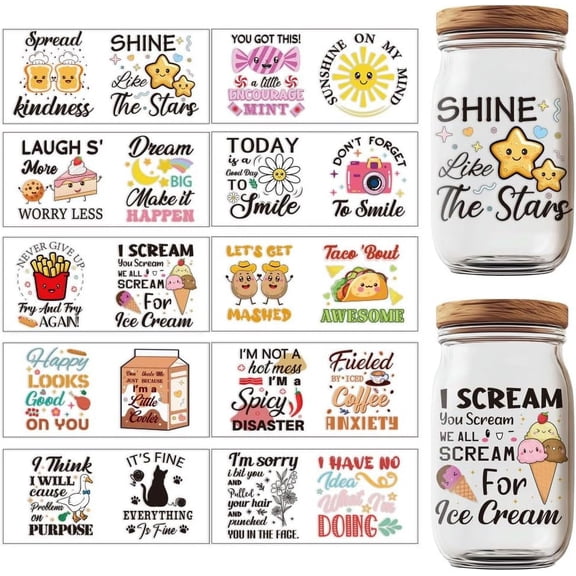 20 Pcs Funny Puns UV DTF Cup Wraps Inspirational Transfer Stickers Cartoon UV Rub Transfer Stickers for 16 Oz Glass Cups Mobile Phone Case Laptop Decoration diy