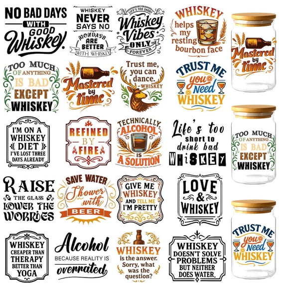 20 Pcs Funny UV DTF Cup Wraps Vintage Whiskey UV DTF Rub on Transfer Sticker Waterproof Transfer Sticker Decals DIY