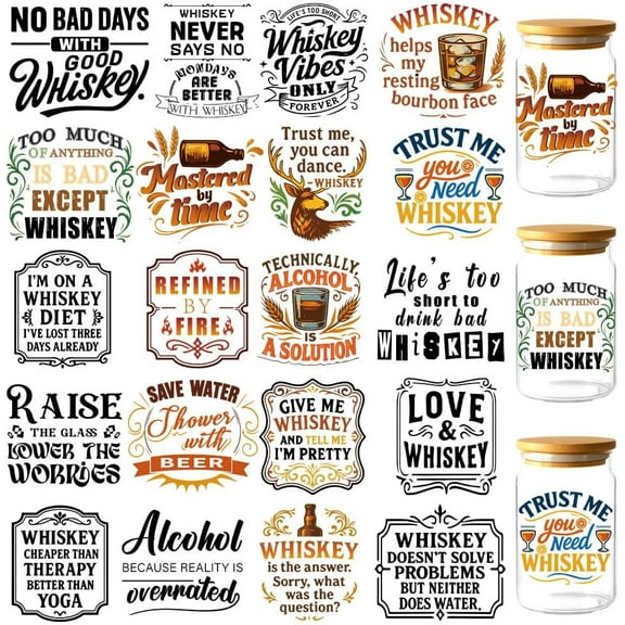 20 Pcs Funny UV DTF Cup Wraps Vintage Whiskey UV DTF Rub on Transfer Sticker Waterproof Transfer Sticker Decals