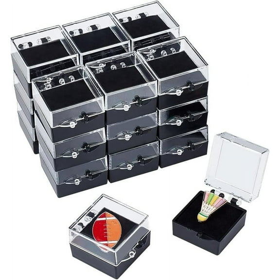 20 Pcs Gift Box for Pin Black Square Badge Gemstone Display Box with Tray Mini Jewelry Box Container Plastic Show Case Storage Box Holder for Badge Pins Coin Gems Jewelry 1.1x1.1x0.7inch