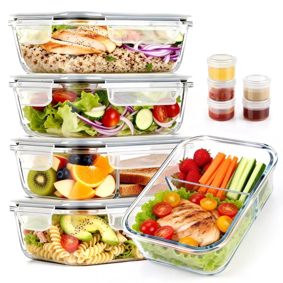 20 Pcs Glass Food Storage Containers with Lids 22oz, 1 & 2 Compartment Glass Airtight Meal Prep Containers with Sauce Containers(10 Containers & 10 Lids), Oven & Freezer Safe, Leak Proof, Grey