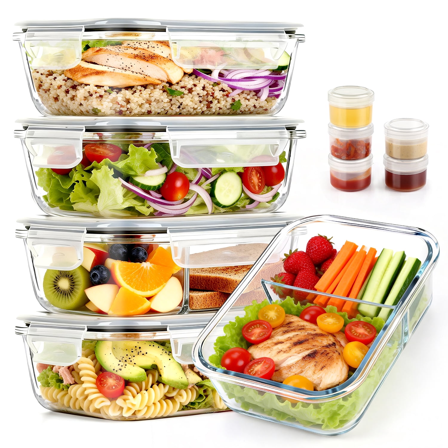 20 Pcs Glass Food Storage Containers with Lids 22oz, 1 & 2 Compartment Glass Airtight Meal Prep Containers with Sauce Containers(10 Containers & 10 Lids), Oven & Freezer Safe, Leak Proof, Grey