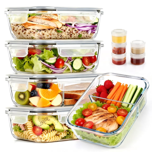 20 Pcs Glass Food Storage Containers with Lids 22oz, 1 & 2 Compartment Glass Airtight Meal Prep Containers with Sauce Containers(10 Containers & 10 Lids), Oven & Freezer Safe, Leak Proof, Grey