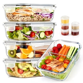 20 Pcs Glass Food Storage Containers with Lids 22oz, 1 & 2 Compartment Glass Airtight Meal Prep Containers with Sauce Containers(10 Containers & 10 Lids), Oven & Freezer Safe, Leak Proof, Grey