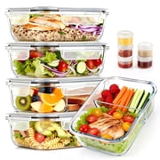 20 Pcs Glass Food Storage Containers with Lids 22oz, 1 & 2 Compartment Glass Airtight Meal Prep Containers with Sauce Containers10 Containers & 10 Lids, Oven & Freezer Safe, Leak Proof, Grey