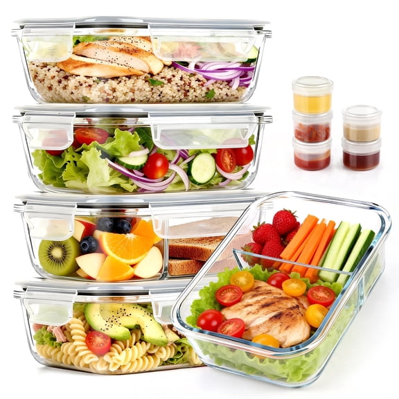 20 Pcs Glass Food Storage Containers with Lids 22oz, 1 & 2 Compartment Glass Airtight Meal Prep Containers with Sauce Containers(10 Containers & 10 Lids), Oven & Freezer Safe, Leak Proof, Grey