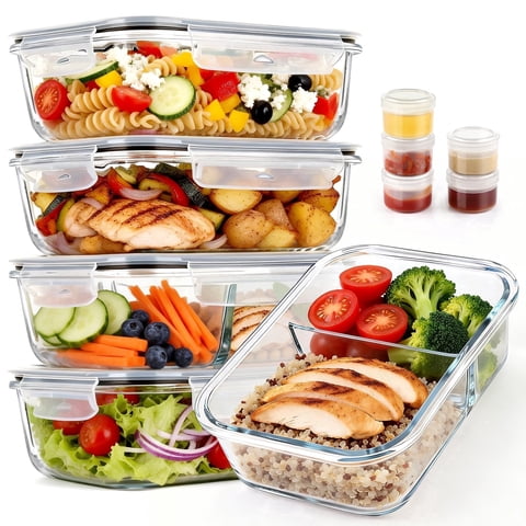 20 Pcs Glass Food Storage Containers with Lids 35oz, 1 & 2 Compartment Glass Airtight Meal Prep Containers with Sauce Containers(10 Containers & 10 Lids), Oven & Freezer Safe, Leak Proof, Grey