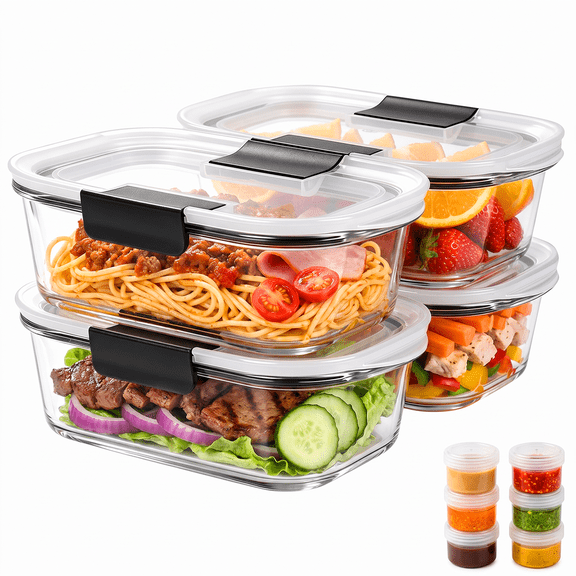 20 Pcs Glass Food Storage Containers with Lids, Glass Meal Prep Container Sets with Snap Airtight Lids, Meal Prep Containers with Sauce Cups, Microwave, Oven, Freezer & Dishwasher Safe, Leak-Proof