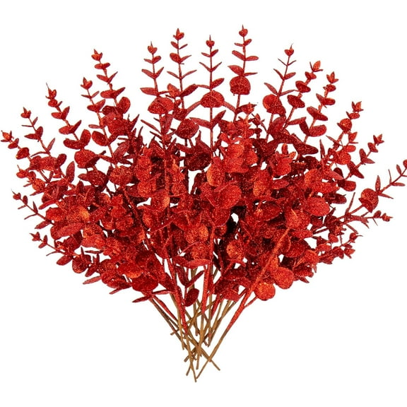 20 Pcs Glitter Artificial Eucalyptus Branches 13" Christmas Pine Stems Picks Fake Picks Stems for DIY Christmas Tree Garland Wreath Crafts Home Decoration