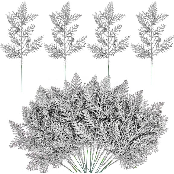 20 Pcs Glitter Artificial Pine Needles- 10.6" Fake Foliage Pine Stems Picks- Silver Leaves Artificial Flowers Picks for Christmas DIY Wreath Home Garden Decoration