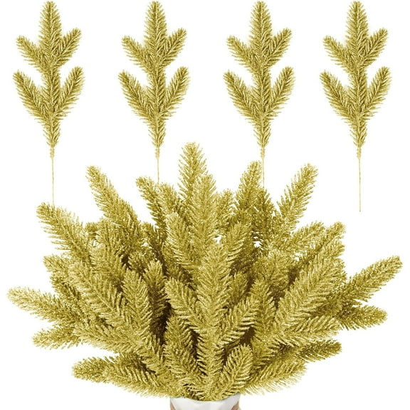20 Pcs Glitter Artificial Pine Needles,9.8In Fake Foliage Pine Stems Picks,Gold Leaves Artificial Flowers Picks for Christmas DIY Wreath Home Garden Decoration