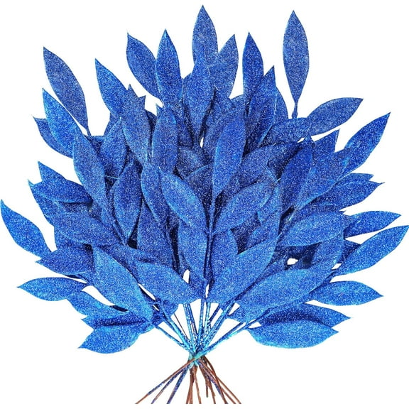 20 Pcs Glitter Bay Leaf Sprays Artificial Christmas Tree Picks Sprays 12.7" Tall for Blue Christmas Tree Wreath Swag Vase Floral Arrangement Winter Wedding Bouquet Centerpiece Decoration