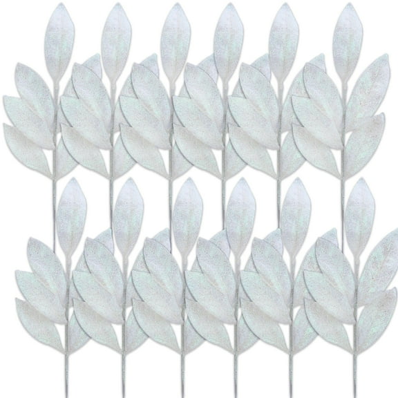 20 Pcs Glitter Bay Leaf Stems White Artificial Christmas Spray Picks 13'' Fake Floral Leaf Branches Wired Twig Stem Xmas Decor for Christmas Tree Vase Bouquet Table Centerpieces