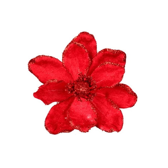 20 Pcs Glitter Velvet Artificial Magnolia Flowers for Christmas Tree Decoration – 6.3 inch Large Faux Blooms with Stems – Elegant for Wreaths, Garlands, Xmas & New Year Home Decor – Red