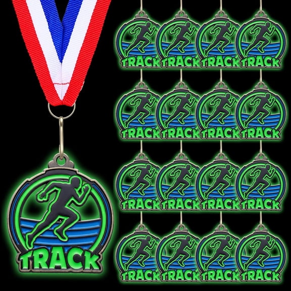 20 Pcs Glow Track Medals 2 Inch Run Medals with Neck Ribbons Bulk Glow in the Dark Running Track Trophy Awards Prize for Team Competitions Party Favors