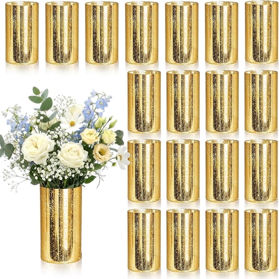 20 Pcs Gold Cylinder Vases for Centerpieces Mercury Vase Hurricane Vase Bulk Acrylic Round Wide Container for Flowers Home Office Wedding Table Decorations (6'')