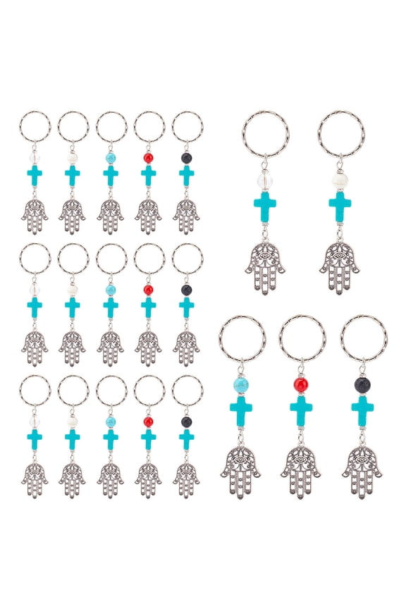 20 Pcs Hamsa Hand Eye Keychains 5 Styles Easter Fatima Palm Protection Charms Key Holder with Bead Cross Turkish Eye Amulet Good Luck for Car Bag Keys
