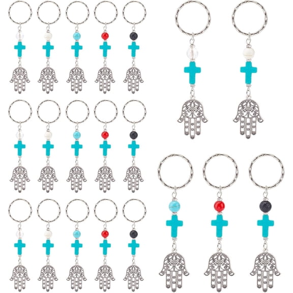 20 Pcs Hamsa Hand Keychains 5 Styles Easter Fatima Palm Protection Charms Key Holder with Gemstone Bead Turkish Eye Amulet Good Luck for Car Bag Keys Hanging Ornament Gift Gray