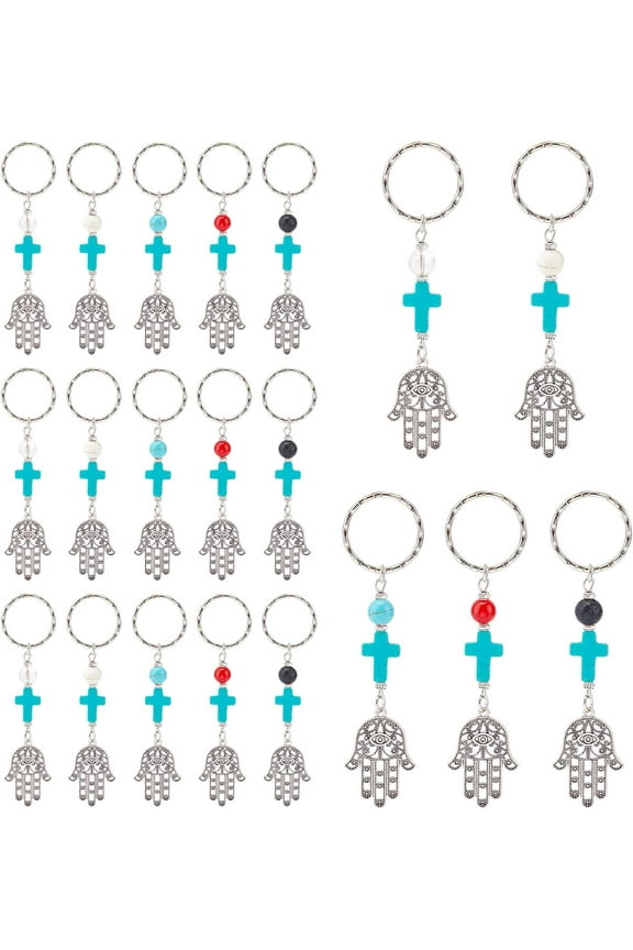 20 Pcs Hamsa Hand Keychains 5 Styles Easter Fatima Palm Protection Charms Key Holder with Gemstone Bead Turkish Eye Amulet Good Luck for Car Bag Keys Hanging Ornament Gift Gray