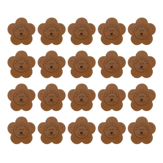 20 Pcs Handmade Leather Labels, Flower Leather Handmade Tags with Hole Embossed Tag 35mm Dia Labels for Embellishment DIY Crafts Gloves Bags, Bright Brown