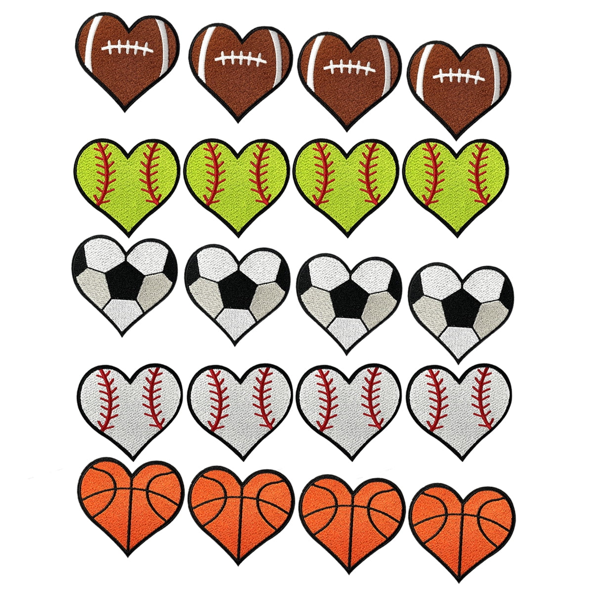 20 Pcs Heart Shaped Balls Iron on Patches, Sports Themed Patches Embroidered for Clothing Jeans Jackets Hats