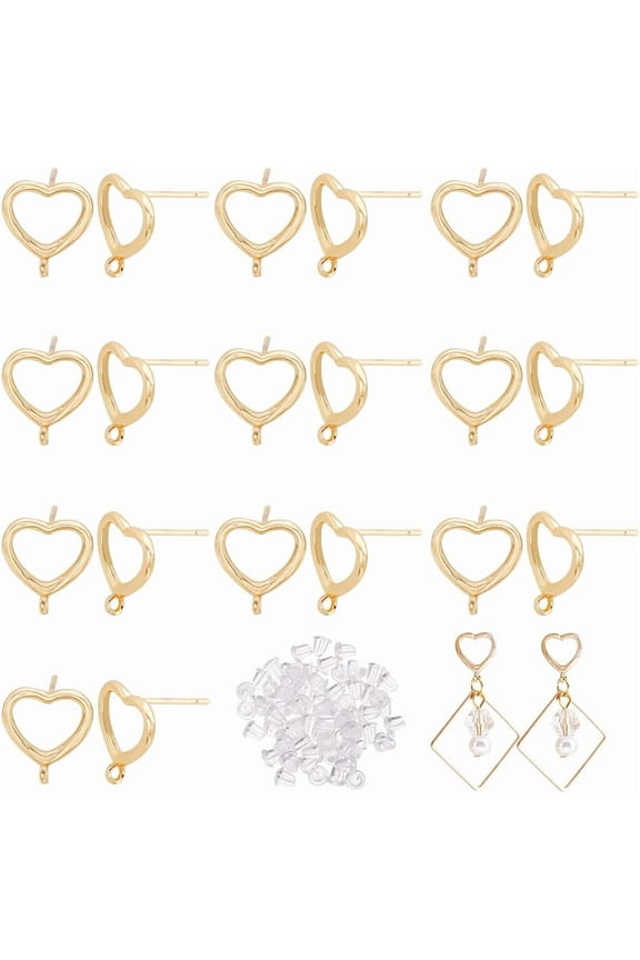 20 Pcs Heart Shaped Stud Gold Plated Earring Studs Posts with Hole Vertical Ring Stud Decoration Suitable for Jewelry Accessories Wedding Anniversary Holiday Gift Souvenirs for DIY