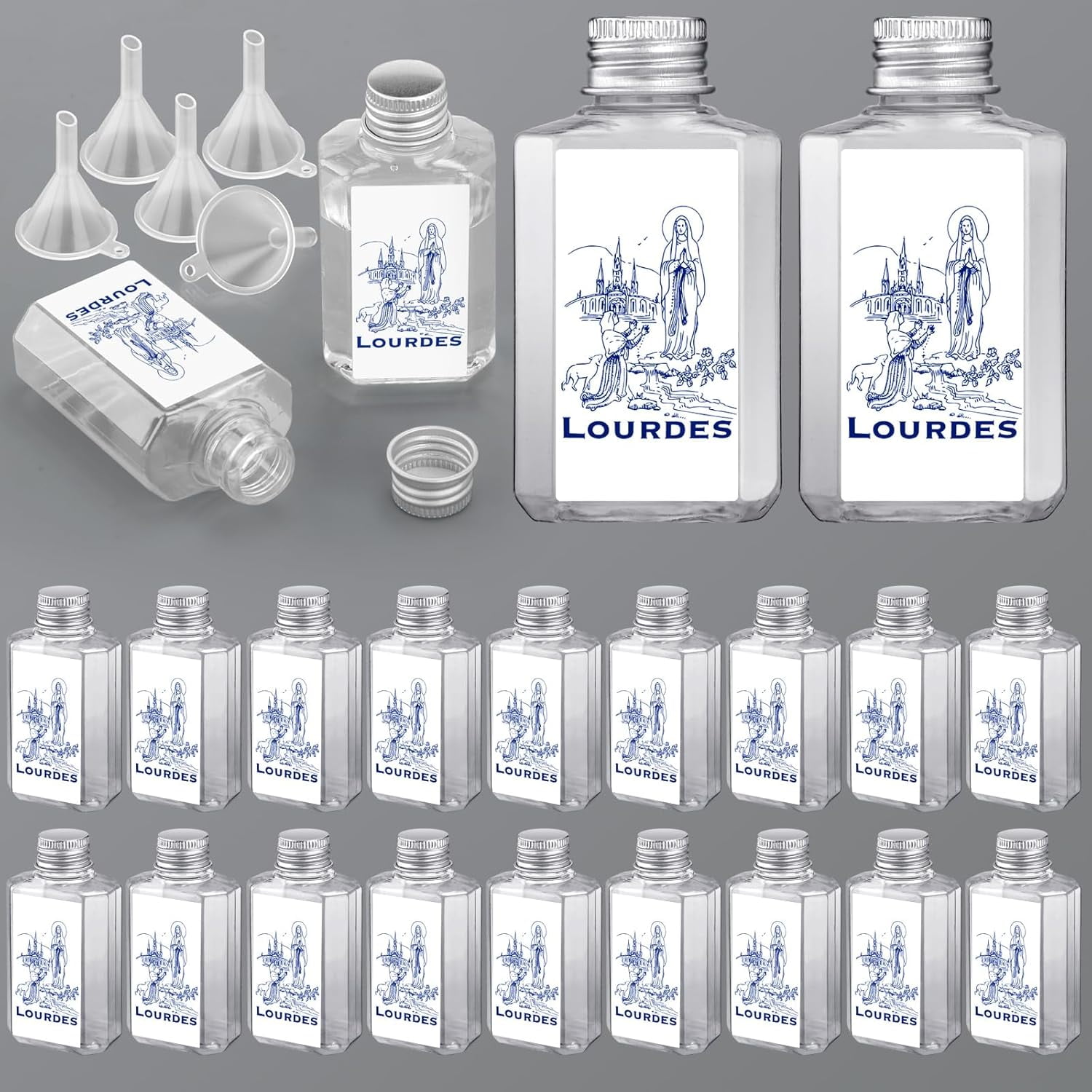 20 Pcs Holy Water Bottles with 5 Pcs Funnels 2 oz Our Lady of Bottles Holy Water Empty Container for Catholic Christian Church Communion Gift Baptism Favors