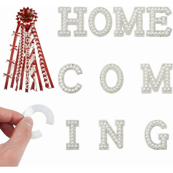20 Pcs Homecoming Pearl Rhinestone Letter Patches 1.9x1.5 Inch Glitter Alphabet Repair Embroidered Stick on Appliques White Pearl Varsity Letter Stickers for Jeans Shoes Hats Bags