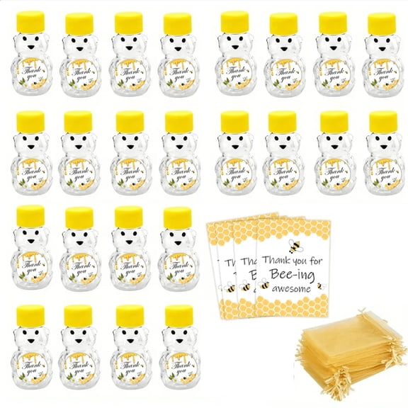 20 Pcs Honey Bear Bottle Party Favors Set, Mini Plastic Bear Shaped Jars with Lids Gift Bags Cards and Stickers, 2oz Clear Containers for Wedding Shower Party Gift Packaging