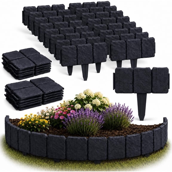 20 Pcs Imitation Stone Garden Fence Plastic Retaining Edging Border Black Cobbled Effect Landscape Decor Interlocking Decorative Panels Flower Bed