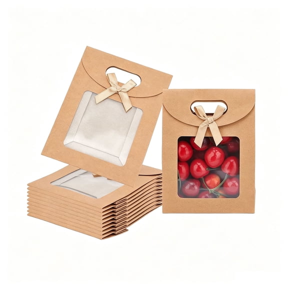 20 Pcs Kraft Paper Gift Bags with Window and Handles 15.7x11.9x6.15cm - Foldable Bakery Treat Packaging Boxes with Ribbon Bow, for Wedding Favors, Birthday Parties, Small Gifts & Candy Storage