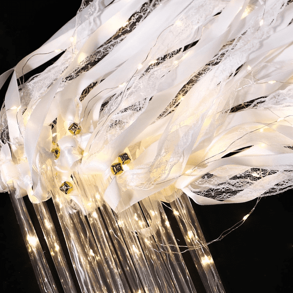 20 Pcs LED Fairy Wands with Bells, 3 Colorful Flashing Modes Silk Ribbon Streamers, Light Up Lace Glow Sticks for Wedding Reception, Graduation, Birthday & New Year Party (Warm White)