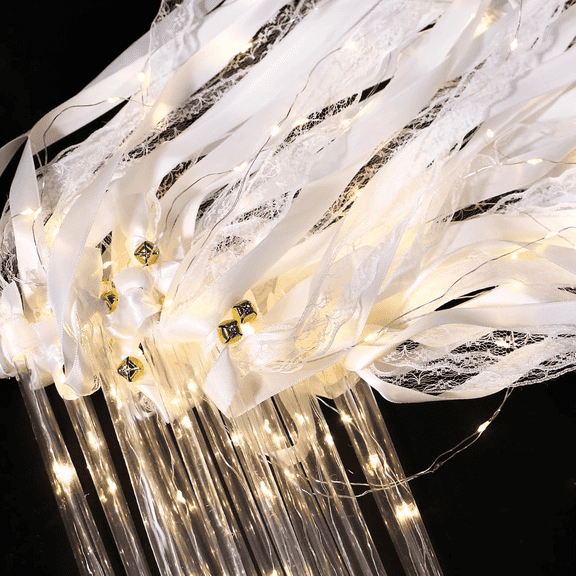 20 Pcs LED Fairy Wands with Bells, 3 Colorful Flashing Modes Silk Ribbon Streamers, Light Up Lace Glow Sticks for Wedding Reception, Graduation, Birthday & New Year Party (Warm White)
