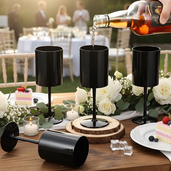 20 Pcs Large Black Plastic Champagne Flutes, 12 oz Plastic Wine Goblet Black Wine Glasses, Reusable High Stem Drinking Glasses for Halloween Wedding Parties