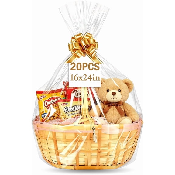 20 Pcs Large Cellophane Gift Bags 16x24 Inch, Clear Cellophane Wrap for Gift Baskets, Wine Raffles, Bridal & Baby Showers, Packaging Products (No Gusset, Ribbon Not Included)