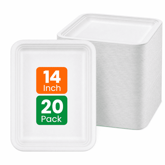 Large Compostable Disposable Thick Heavy Duty Sugarcane Pulp Paper Trays, 20 Count, 13.8 x 9.8 Inch