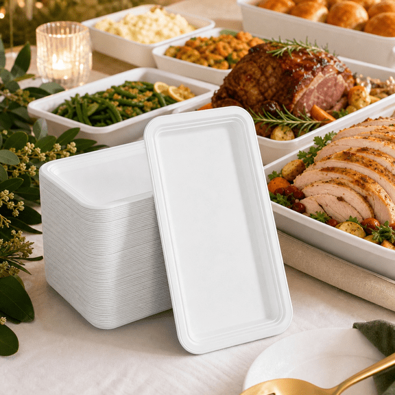20 Pcs Large Disposable Food Trays, 14 inch Sugarcane Paper Serving Trays for BBQ Seafood Party Catering, Heavy Duty Compostable Plates for Summer Picnic Events