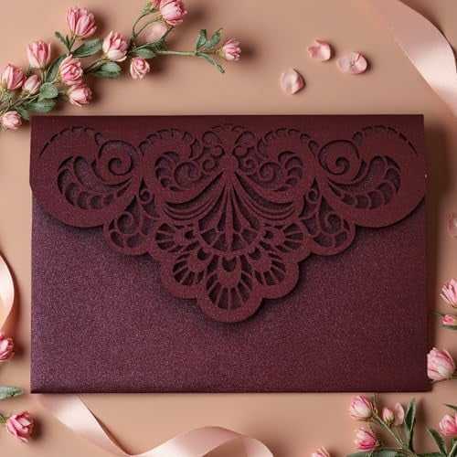 20 Pcs Laser Cutting Burgundy Invitation Card Greeting Card Graduation Party Wedding Birthday Party Invitations Invitation Pocket With Envelope (Burgundy)