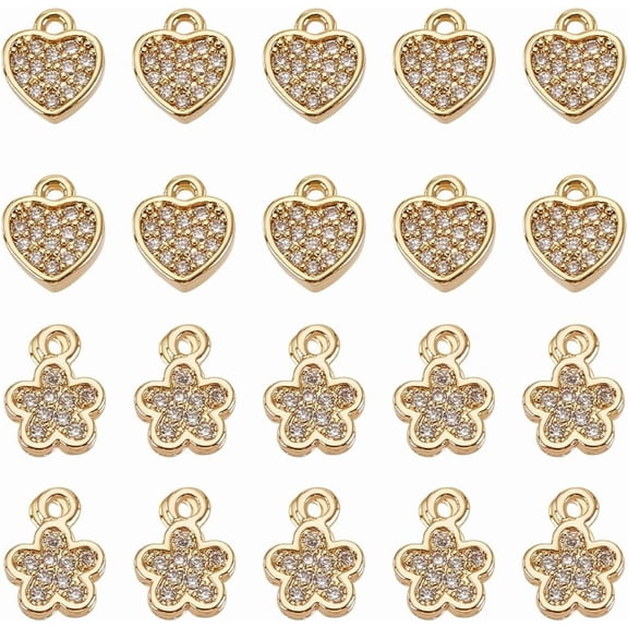 20 Pcs Light Gold Cubic Zirconia Charms Real 18K Gold Plated Heart and Flower 2 Styles Charm Pendants Brass Pendants for Necklace Bracelet Dangle Earrings Jewelry Making DIY Crafts Clear